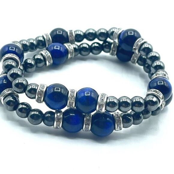 Blue tiger eye hematite rhinestone beaded stretch bracelet ONE NEW crystal medit - Picture 1 of 7